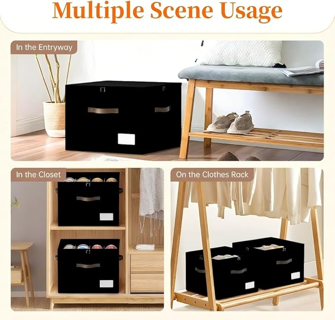 Shoe Organizer for Closet, 2 Pack Foldable Shoe Storage Containers, Fits up to 16-32 Pairs, Shoe Storage Organizer Box Cubby Baskets Bins with Clear Cover and Reinforced Handles, Black