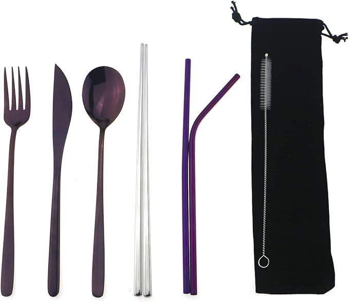 7 Pcs Portable Flatware Set, 304 Stainless Steel Cutlery Set Travel Utensils Set with Fork Spoon Chopsticks Straws for Travel Camping Office School, Dishwasher Safe & Eco-Friendly (Purple)