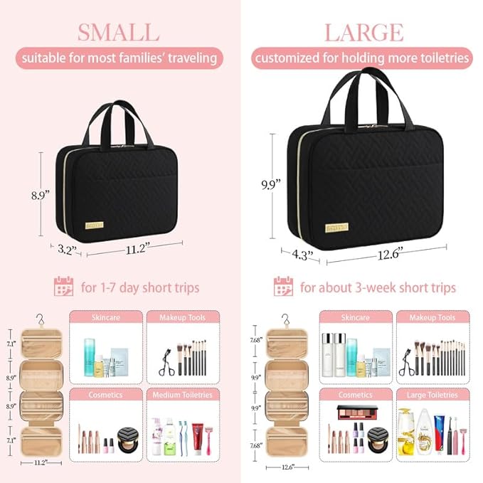 HOTOR Travel Toiletry Bag w/Hanging Hook - Spacious Toiletry Bag Essentials for Women & Men, Makeup Bag/Big Comparment, Waterproof for Travel Accessories, Medium, Black