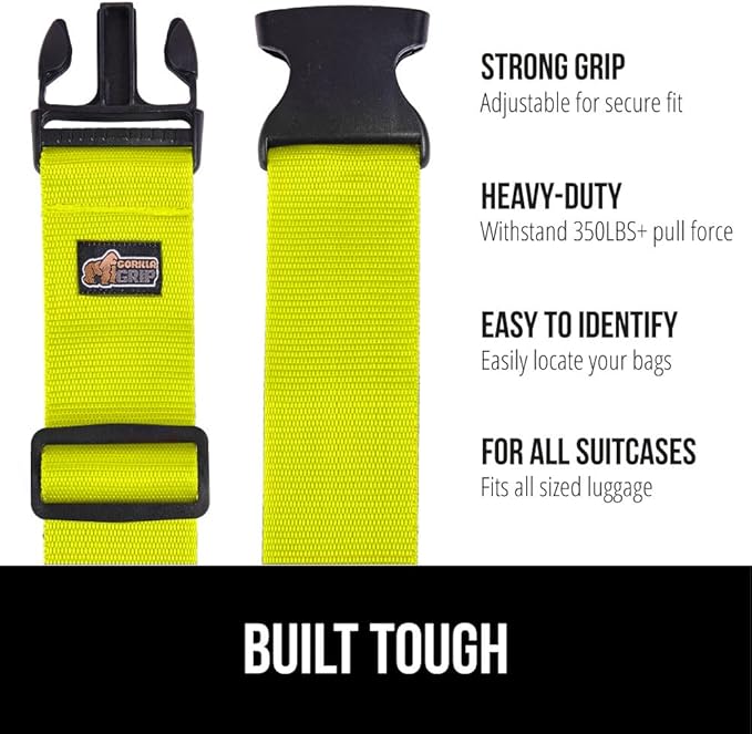 GORILLA GRIP Heavy Duty 8 Pack Adjustable Luggage Straps for Suitcases, Easy to Identify Travel Belt Connector Holds Suitcase Together, Extends Life of Bag, Strap Connects Two Bags, Accessories Yellow