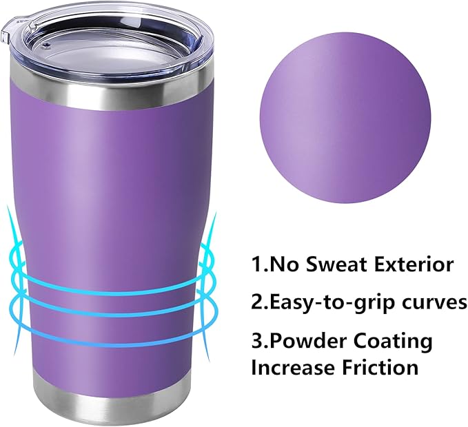 DOMICARE 20oz Tumbler with Lid Stainless Steel Tumblers Bulk, Double Wall Vacuum Insulated Coffee Travel Mug Powder Coated Tumbler, 8 Pack Purple