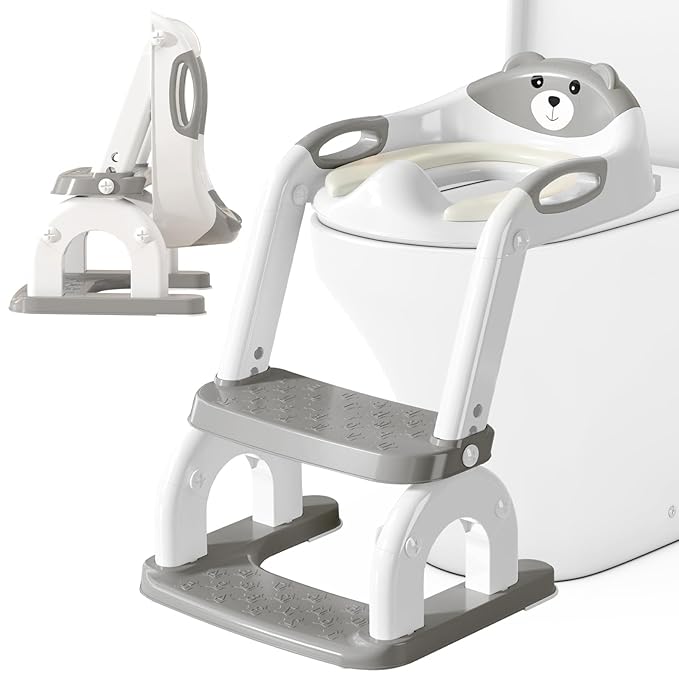 Potty Training Seat for Toddlers, Adjustable Height 2-in-1 Potty Training Toilet Ladder for Kids Boys Girls with Splash Guard, Waterproof Cushion, Anti-Slip Pad Step Stoo - Grey