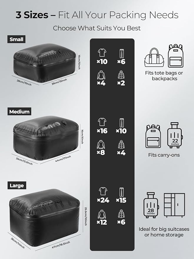 Vacuum Bags for Travel with Wireless Pump, 180° Open Zipper, IP67 Waterproof, Reusable Space Saver Compression Bags for Backpack, Suitcase, Home Storage(3 Pack + Pump)