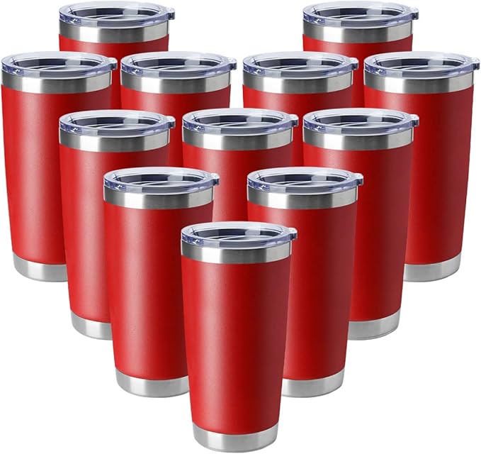 HASLE OUTFITTERS 20oz Tumblers Stainless Steel Mugs with Lid Double Wall Vacuum Insulated Coffee Cups for Cold & Hot Drinks (20oz-Red, 12 Pack)