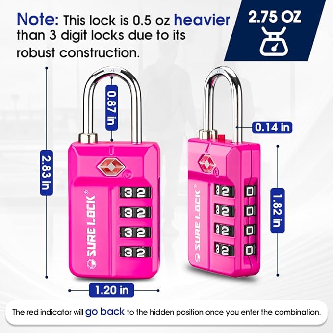 SURE LOCK TSA-Approved 4-Digit Resettable Combination Lock with Open Alert, Easy-Read Dials - for Luggage, School Lockers, Gym, Office, Toolbox & Security Cases (Pink 4 Pack)