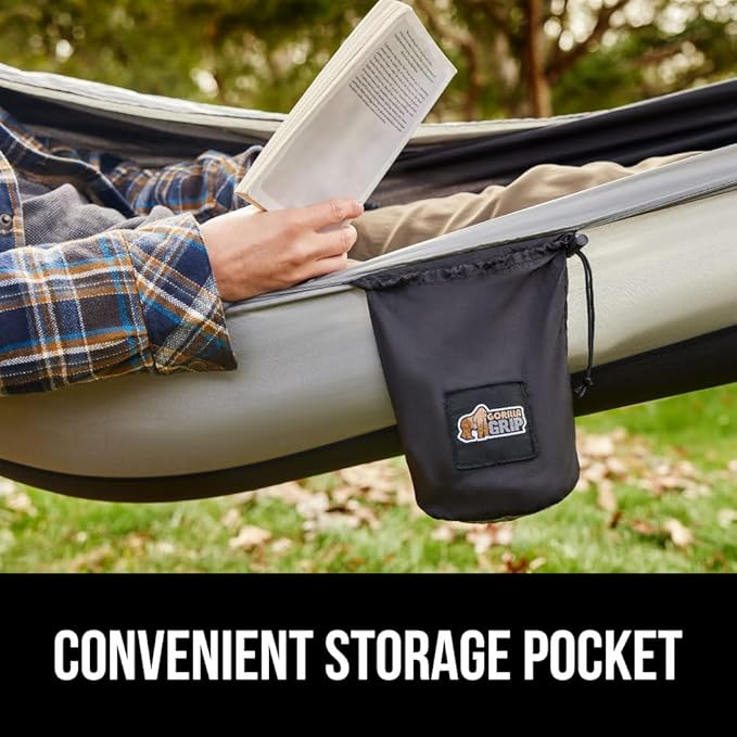 GORILLA GRIP Durable Portable Camping Hammock, Holds 400lbs with Heavy Duty Tree Straps, Comfortable Travel Swing, Camp Hammocks, Easy to Use and Install, Outdoor Essentials, Black, 9x4.5 FT