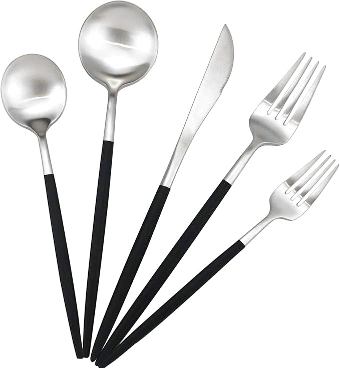 Gugrida Black Handle Matte Silver Silverware Set - 5-Piece 18/10 Stainless Steel Satin Finish Flatware, Kitchen Utensils, Tableware Travel Cutlery for Camping Office Lunch - Dishwasher Safe