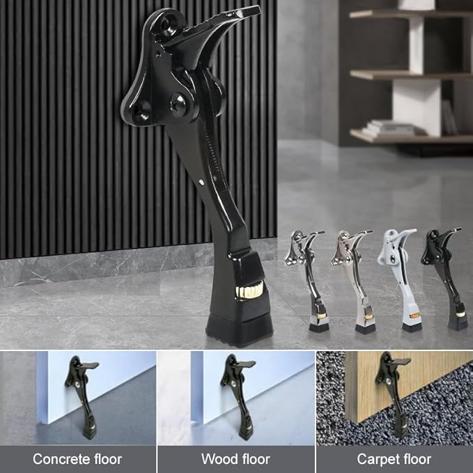 6 Packs Black Door Stops, Heavy Duty Kickdown Door Stopper, One Touch Adjustable Kickdown Door Stop for Heavy Doors, 4 in Metal Door Kickstand with Rubber Tip & Wall Protectors for Wide Doors