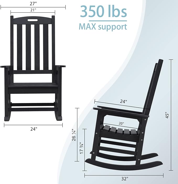 Psilvam Oversized Outdoor Rocking Chair Set of 2, Porch Rocker with 21" Wide Seat and 32" Tall Backrest, Pre-Assembled with Most Components for Effortless Installation (Carbon Black)