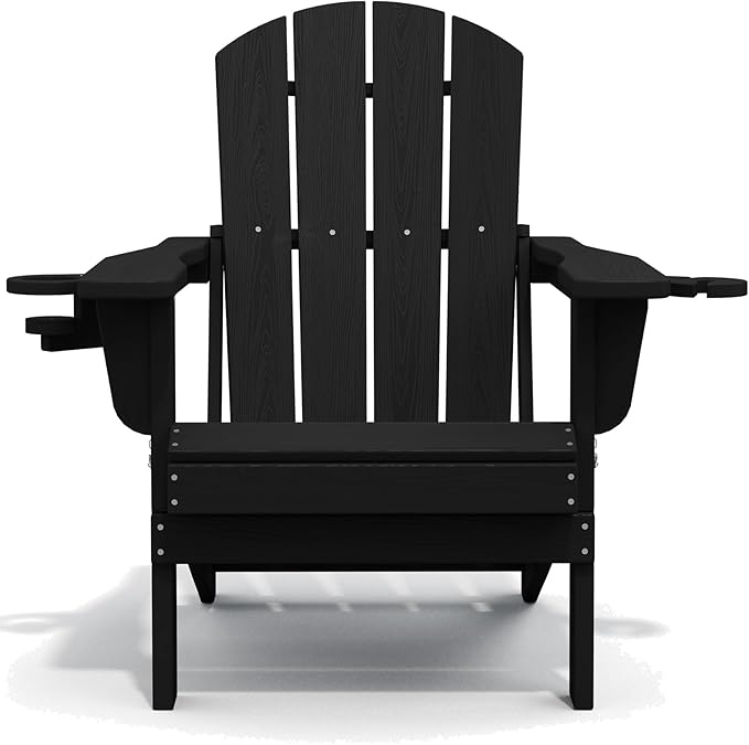 SERWALL HDPE Folding Adirondack Chair with Dual Cup Holder - Composite Adirondack Chair - Black