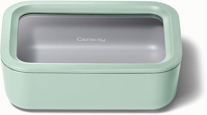Caraway Glass Food Storage - 6.6 Cup Glass Container - Ceramic Coated Food Container - Non Toxic, Non Stick Lunch Box Container with Glass Lids - Dishwasher, Oven, & Microwave Safe - Mist