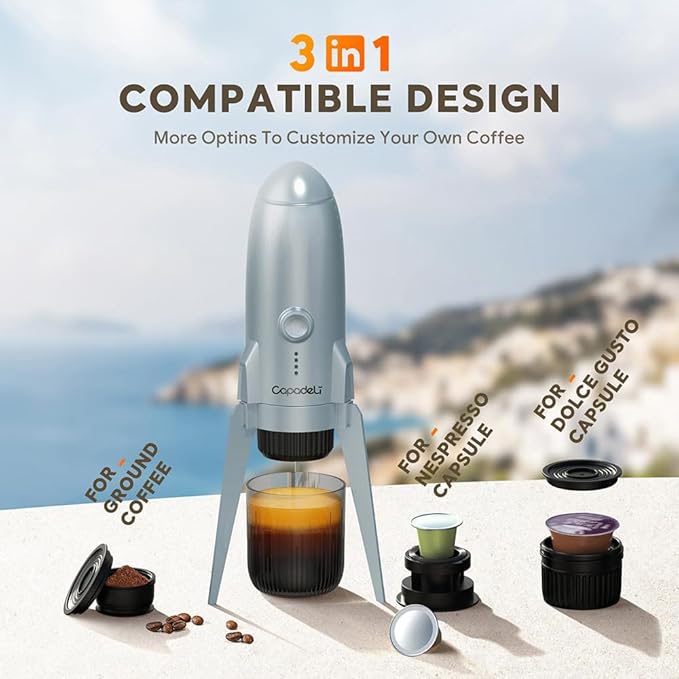 3 in 1 Portable Espresso Machine On the Go, Self-Heating Electric Espresso Maker, 19 Bar Mini Coffee Maker For Travel Camping and Hiking With Ground Coffee & NES PRESSO/DolceGusto Pod, Space Grey