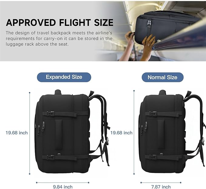 Carry On Backpack, 50L Travel Backpack, Luggage Backpack TSA Flight Approved Laptop Backpack for Men & Women, Large Expandable 40L Daypack Lightweight Business Weekender Bag, Black