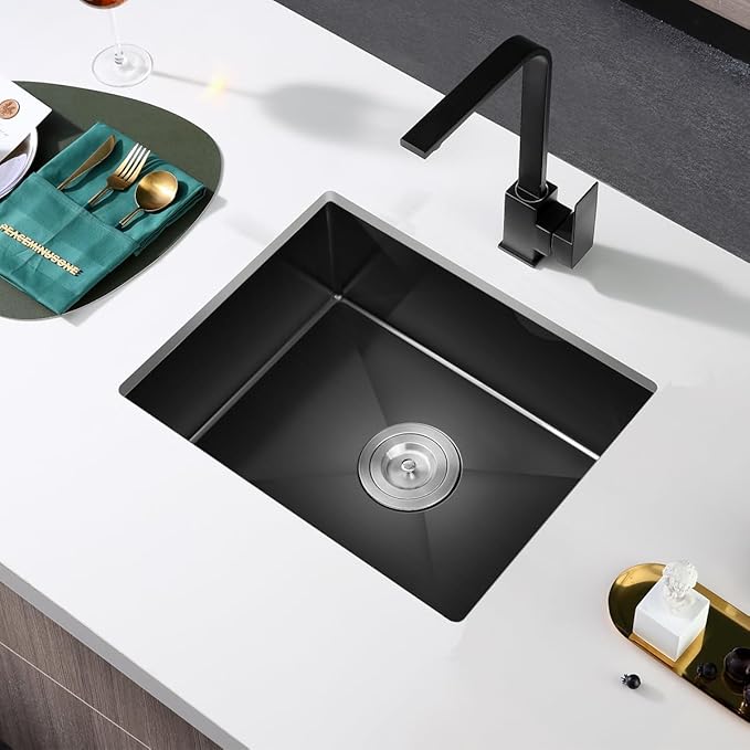 22 x 18 Inch Undermount Kitchen Sink, 18 Gauge Stainless Steel Handmade Single Bowl Kitchen Sink, 9 Inch Deep Bowl Bar Sink, Black