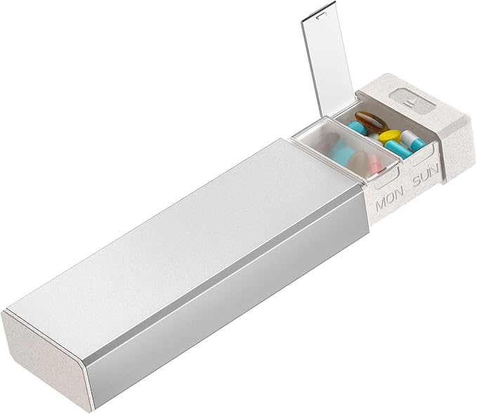 HEIYING 7 Days Pill Organizer with Aluminum Shell for One Week Capacity, Portable Metal Pill Case to Hold Vitamin, Medicine, Supplements