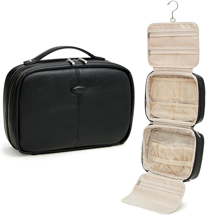 EACHY Toiletry Bag with Hanging Hook, Travel Makeup Bag PU Leather Cosmetic Bags for Women Make Up Organizer with 4 Compartments Waterproof Full-Size Portable Travel Essentials (Black，Pro)