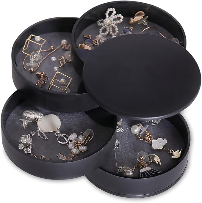 CONBOLA Jewelry Organizer, Small Jewelry Storage Box Earring Holder for Women, 5-Layer Rotating Travel Jewelry Tray Case with Lid for Bracelets Rings Bracelets(Black)