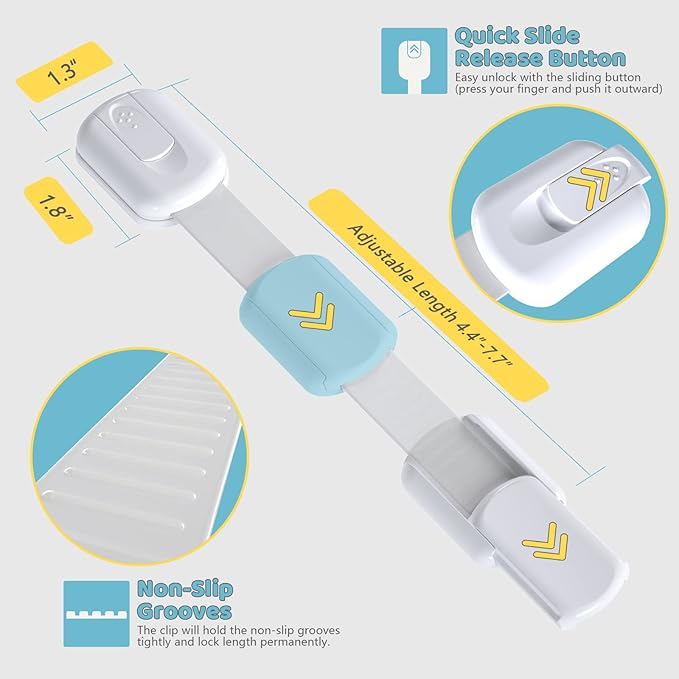 4our Kiddies Child Safety Cabinet Locks for Babies (6 Pack), Child Proof Latches for Cabinets and Drawers Doors, Baby Proofing Cabinet Strap Locks for Cupboard and Closet with 6 Pcs Extra 3M Adhesives