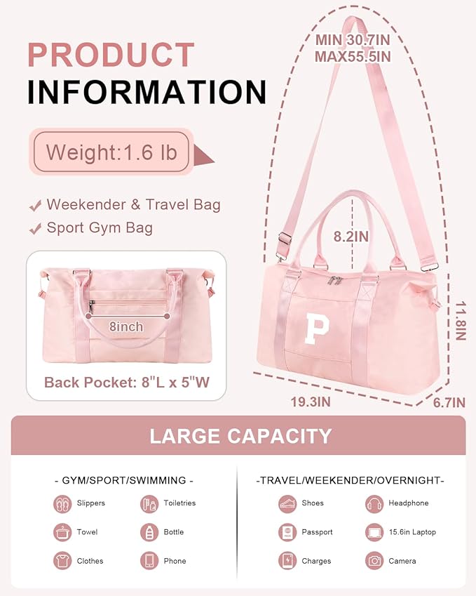 Initial Travel Duffel Bag Sports Gym Bag for Girls Teen Birthday Gifts,Pink Personalized Weekender Bag Carry On Tote Bags for Women Men,Waterproof Overnight Luggage Bag with Trolley Sleeve(Letter P)