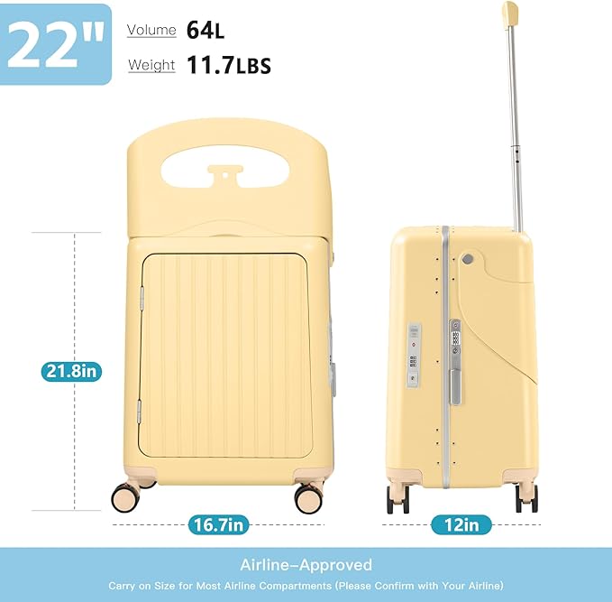 22" Ride-On Luggage with Seat for Kids & Adults, Lightweight Hardside Ride-On Suitcase with Front Opening, TSA Lock, 360° Spinner Wheels, Yellow