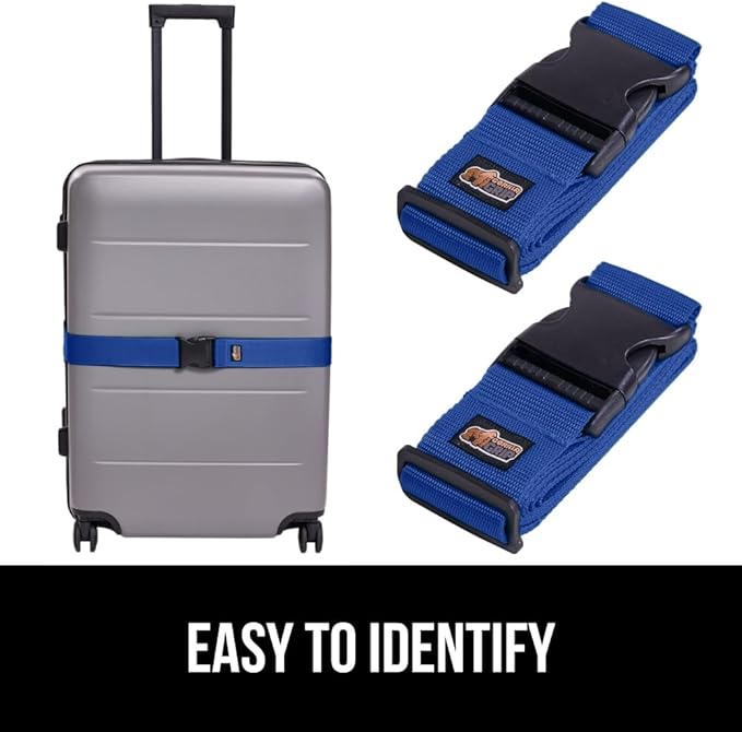 GORILLA GRIP Heavy Duty 4 Pack Adjustable Luggage Straps for Suitcases, Easy to Identify Travel Belt Connector Holds Suitcase Together, Extends Life of Bag, Strap Connects Two Bags, Accessories Blue