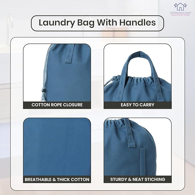 LFH Home Cotton Canvas Large Laundry Bag with Handle, Heavy Duty Drawstring Closure Washable Laundry Bags, School Travel, Home, Hotel, College Dorm, Organizer Sack, Toys Clothes 28x36-Sky Blue