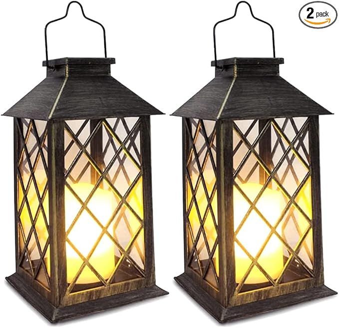 SHYMERY Solar Lantern,Outdoor Garden Hanging Lanterns,2 Pack 14 Inch Lasts 3X Longer 10 lumens Waterproof LED Flickering Flameless Candle Mission Lights for Table,Outdoor,Party Decorative