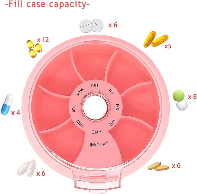INVODA Weekly Pill Organizer 7 Compartment Rotating Pill Box for Daily Medication & Vitamins - Portable Travel Pill Case Fish Oil Supplements Vitamins Organizer (Pink+Bag)
