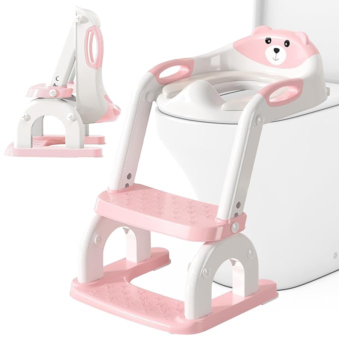 Potty Training Seat for Toddlers, Adjustable Height 2-in-1 Potty Training Toilet Ladder for Kids Boys Girls with Splash Guard, Waterproof Cushion, Anti-Slip Pad Step Stoo - Pink