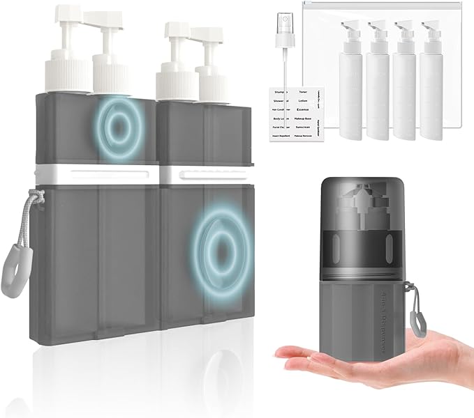 4 in 1 Travel Toiletry Containers,TSA Approved Refillable Travel Size Toiletries Bottles Set with Suction Cup for Smooth Walls - for Shampoo,Conditioner,Body Wash,Lotion.(Grey)
