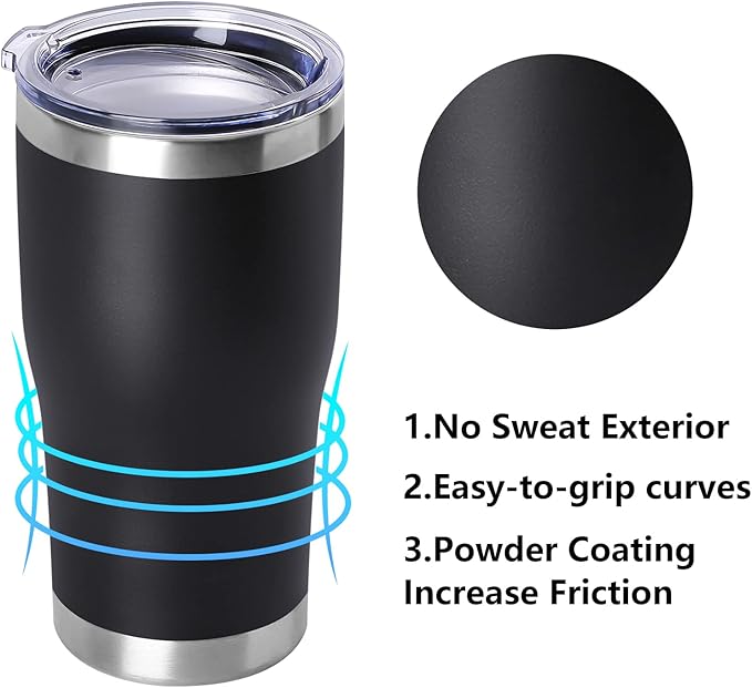DOMICARE 20oz Tumbler with Lid Stainless Steel Tumblers Bulk, Double Wall Vacuum Insulated Coffee Travel Mug Powder Coated Tumbler, 8 Pack Black