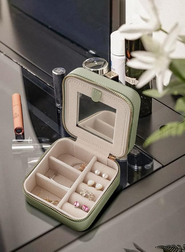 S.Leaf Travel Jewelry Organizer Travel Jewelry Boxes for Women Small Jewelry Travel Case Box Portable Travel Jewelry Case Travel Case Mini Jewelry (04_Lychee_Sage_Green)