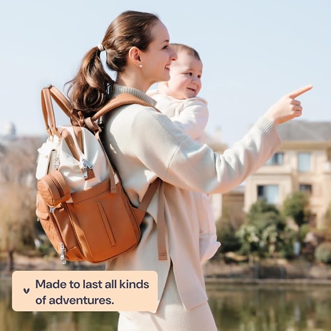 BabbleRoo Leather Diaper Bag Backpack, Multifunction Large Bags with Changing Pad & Stroller Straps & Pacifier Case, Unisex Stylish Travel Back Pack Nappy Changing Bag for Moms Dads (Caramel Cream)