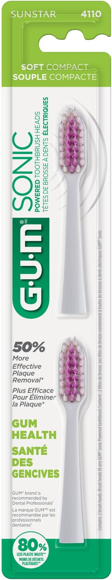 GUM Sonic Powered Toothbrush, Tapered Bristles Clean Below The Gumline, Bundle, White, 1 Handle(1ct) + 2 Refills(2ct. 1pk)