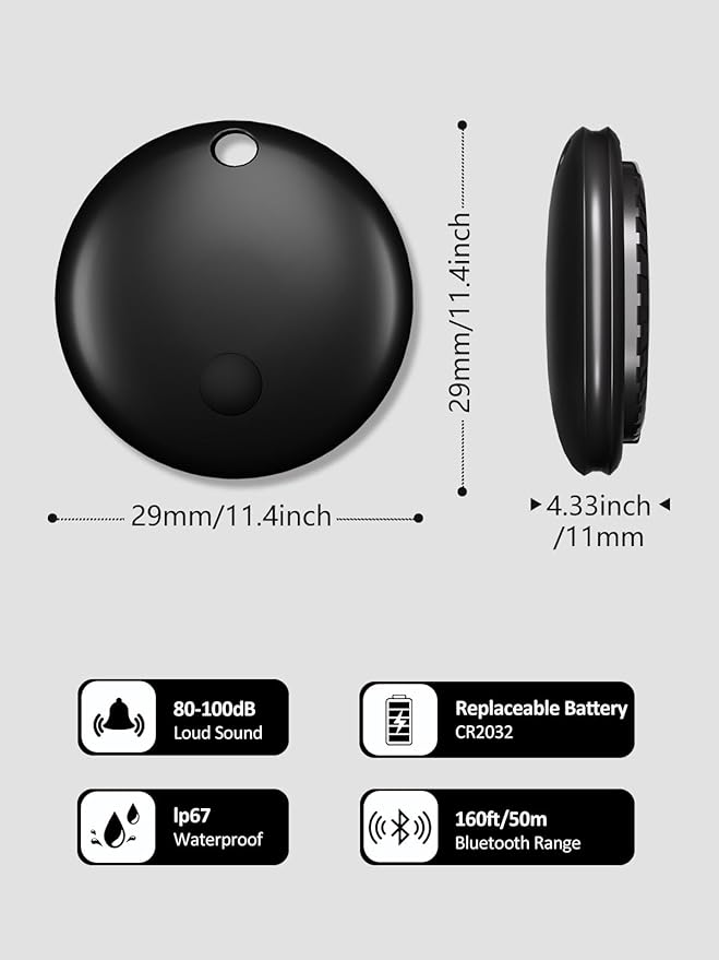 Tracker Tags, Item Finder Work with Apple Find My (iOS Only), Tracking Device Locator Smart Tag for Luggage, Keys, Wallet, Bike, Pets, Bags (Black, 4 Pack)