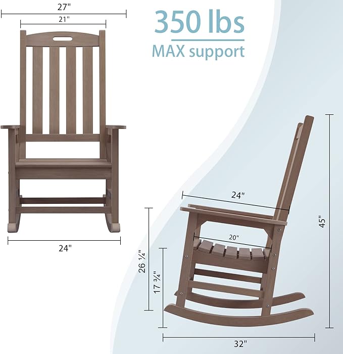 Psilvam Oversized Outdoor Rocking Chair Set of 2, Porch Rocker with 21" Wide Seat and 32" Tall Backrest, Pre-Assembled with Most Components for Effortless Installation (Brown)
