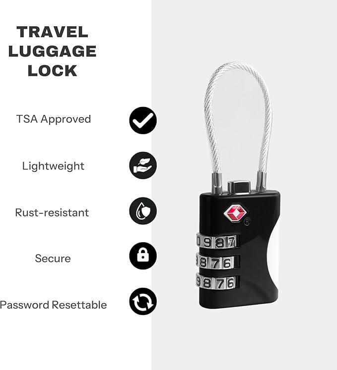 TSA Approved Luggage Locks - Small Combo Travel Padlock with Cable, TSA 007 Suitcase & Backpack Security, Durable & Easy to Use (Black+Silver)