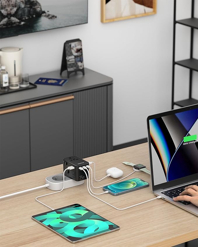 Universal Travel Adapter, VINTAR 75W GaN International Power Adapter with 3 USB C PD and 2 USB A QC, All in One Travel Essentials for UK/EU/USA/AUS, Travel Adapter Worldwide for Laptops Tablets Phones