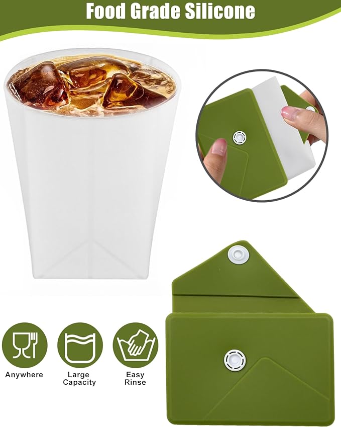 Collapsible Cup[2025 Upgraded] Silicone Foldable Water Cup, Collapse Water Bottles with Envelope-Shaped Storage Pouch, Portable Camping Cup for Outdoors, Travel, Camping(Olive Green)