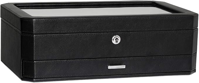 ROTHWELL 12 Slot Leather Watch Box with Valet Drawer - Luxury Watch and Jewelry Case Display Organizer, Microsuede liner, Mens Locking Storage Holder Large Glass Top (Black/Grey)