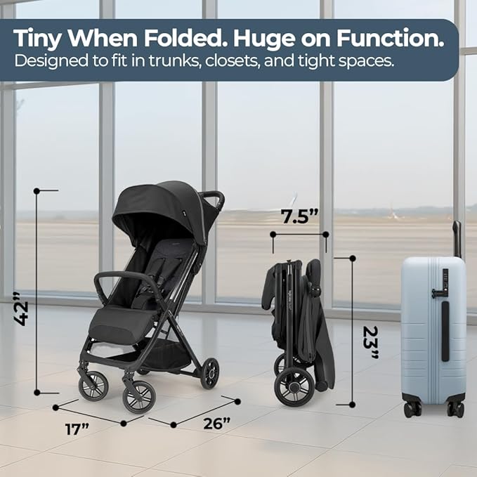 Inglesina Quid³ Stroller, Cosmic Black - Compact Reclining Travel Stroller for Baby & Toddler 0-55 lbs, One Hand fold, Car seat Compatible, Airplane Overhead, Lightweight, Foldable, XL UPF 50+ Canopy