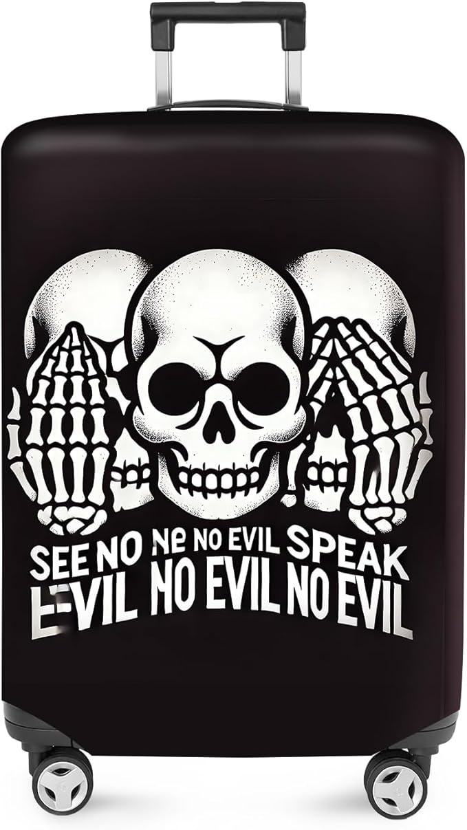 ANNA QUEEN Gothic Skull Luggage Cover, “See No Evil, Hear No Evil, Speak No Evil” Skeleton Design, Stretchable, Washable Suitcase Protector for 24-26 Inch Travel Suitcases