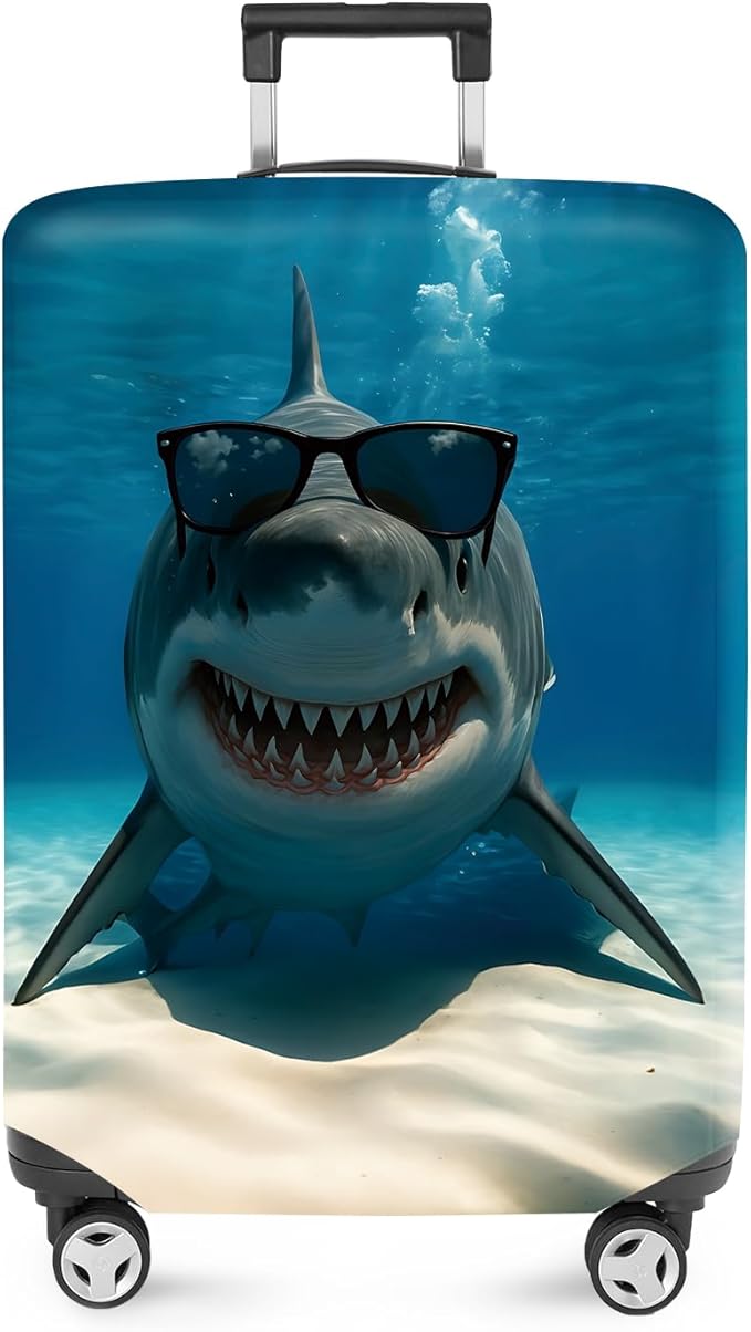ANNA QUEEN Cool Shark Luggage Cover, Sunglass-Wearing Shark Underwater Design, Stretchable, Washable Travel Protector for 20-22 Inch Luggage