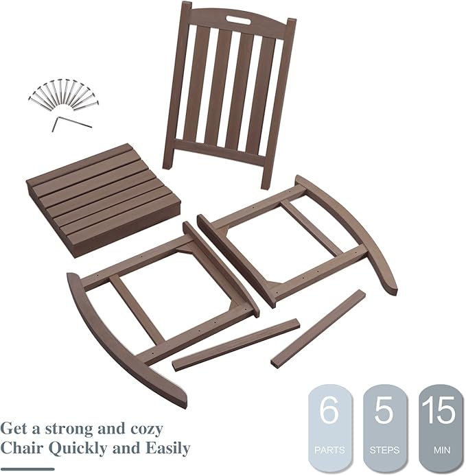 Psilvam Oversized Outdoor Rocking Chair Set of 2, Porch Rocker with 21" Wide Seat and 32" Tall Backrest, Pre-Assembled with Most Components for Effortless Installation (Brown)