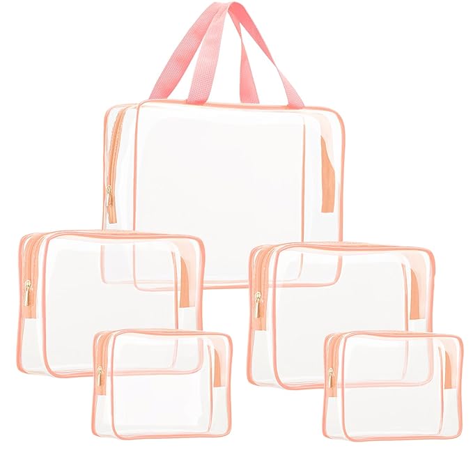 5Pcs Crystal Clear PVC Travel Toiletry Bag Kit for Women Men, Waterproof Vinyl Packing Organizer Storage Bags with Zipper Handle Straps, Cosmetic Pouch Carry on Airport Airline Compliant Bag Handbag