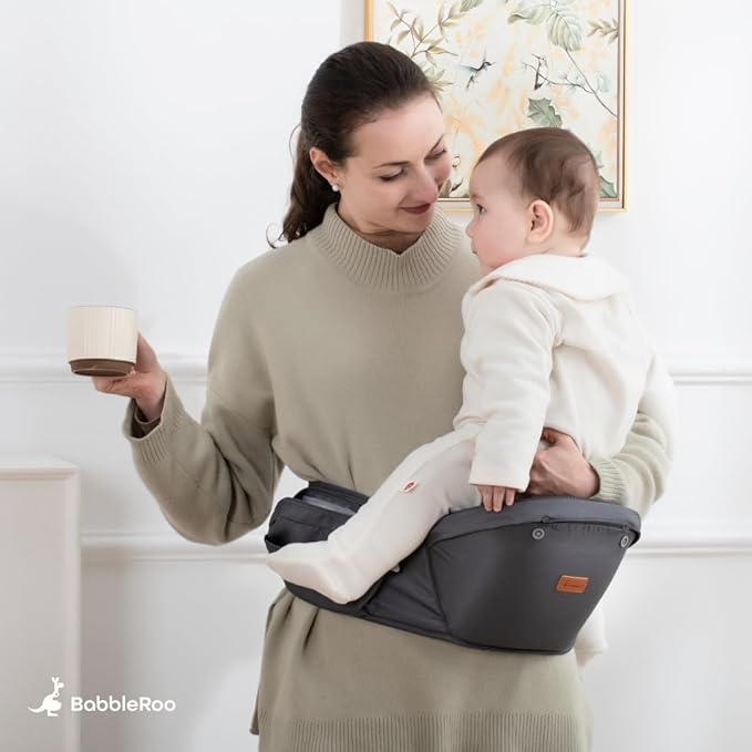 BabbleRoo Grow Carrier – 6-in-1 Baby Carrier with Hip Seat, Ergonomic, Cozy & Adjustable Toddler Carrier 7-50 lbs with Hip & Lumbar Support, Hood for Sun Protection, Newborn to Toddler, Denim Leaves