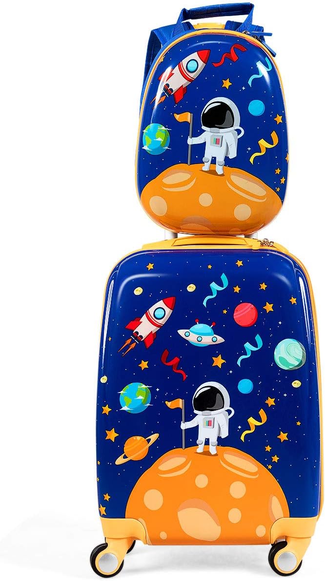 HONEY JOY Kids Luggage, 12" Toddler Backpack & 18" Travel Suitcase with Wheels, Lightweight Toddler Suitcase, Durable ABS Hardshell, 2Pcs Carry On Luggage Set for Boys Girls, Blue Astronaut