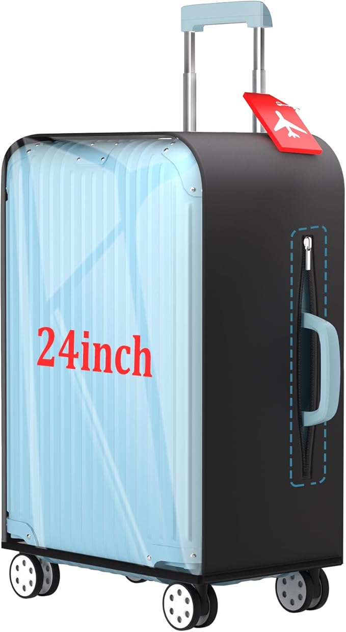 Upgraded Transparent TPU Luggage Cover Protector with Black Stretchable Sides, Fit 24 Inch Wheeled Case TSA Approved, Waterproof & Anti-Scratch, Includes Free Red Luggage Tag