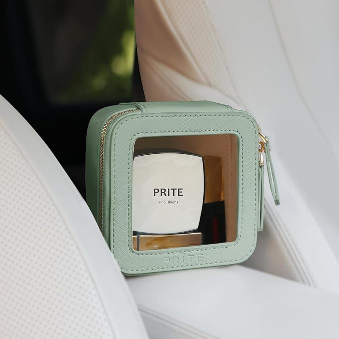 Prite Small Makeup Bag for Women Portable Clear Makeup Bag Cute Mini Waterproof Travel Cosmetic Bag with Gold Zipper for Car Essentials(Green)