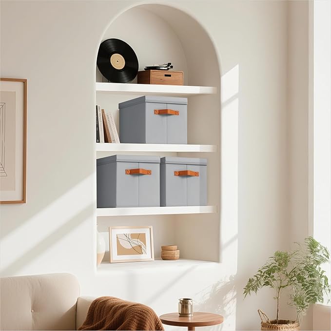 Storage Bins with Lids - Fabric Storage Baskets for Shelves, 6 Pack Foldable Decorative Boxes with Handles, Stackable Organizer Bins for Home, Nursery, Dorm, Grey